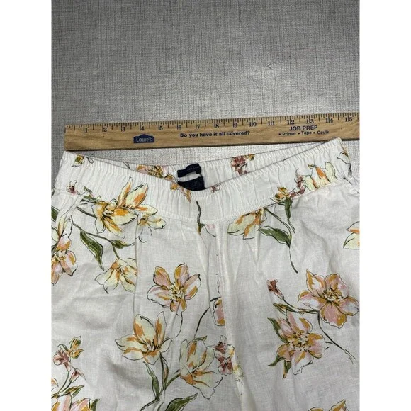 Rachel Roy Linen Pants Womens L Ivory Floral Wide Leg Elastic‎ Waist - Picture 4 of 6